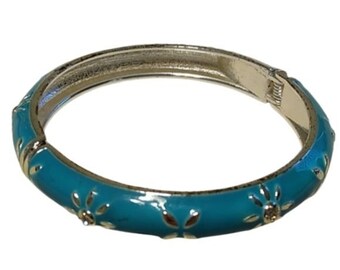 Vintage Teal Enamel w/ CZs Floral design Hinge Bracelet