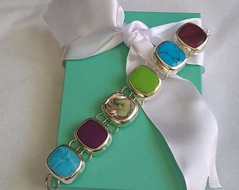 Sterling Silver, Sugilite, Jasper, Abalone + Turquoise Link Bracelet, 6.5"
