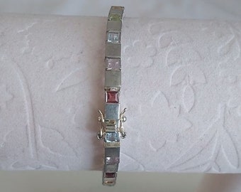 DJB 925 Sterling Silver Multicolor Stones Rainbow Tennis Bracelet 7&quot; with safety