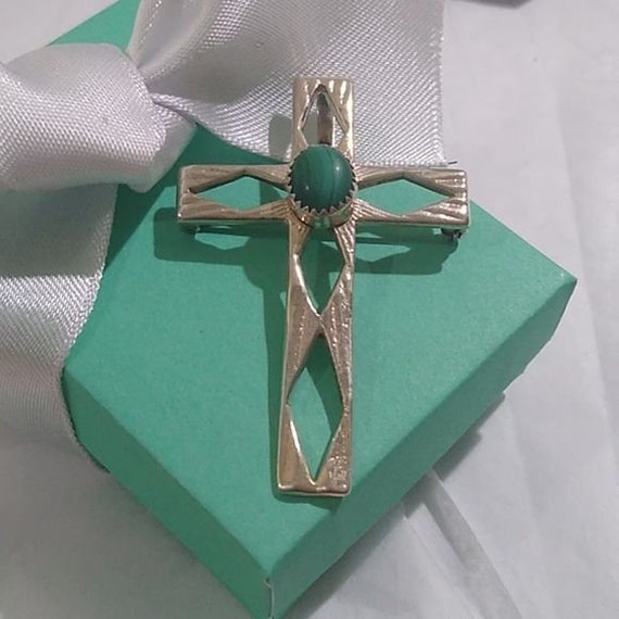 Sterling Silver+ Malachite Openwork Cross Pendant / Brooch  display picture 2