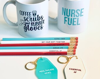 Nurse Appreciation Gift Set (with Mug, Keychain, and Pencil Set) - Choose Your Mug! Choose Your Keychain!