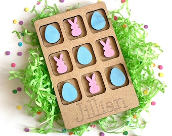 Personalized Easter Tic Tac Toe Game with Bunnies and Easter Egg Game Pieces - Cute for Kids Easter Basket Fun