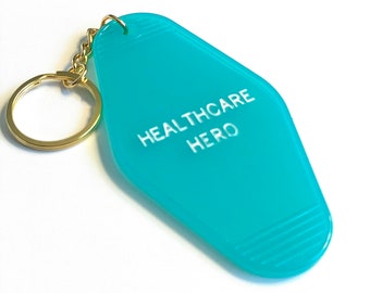 Healthcare Hero Keychain - Vintage Motel Shaped Keytag - Hand-Stamped