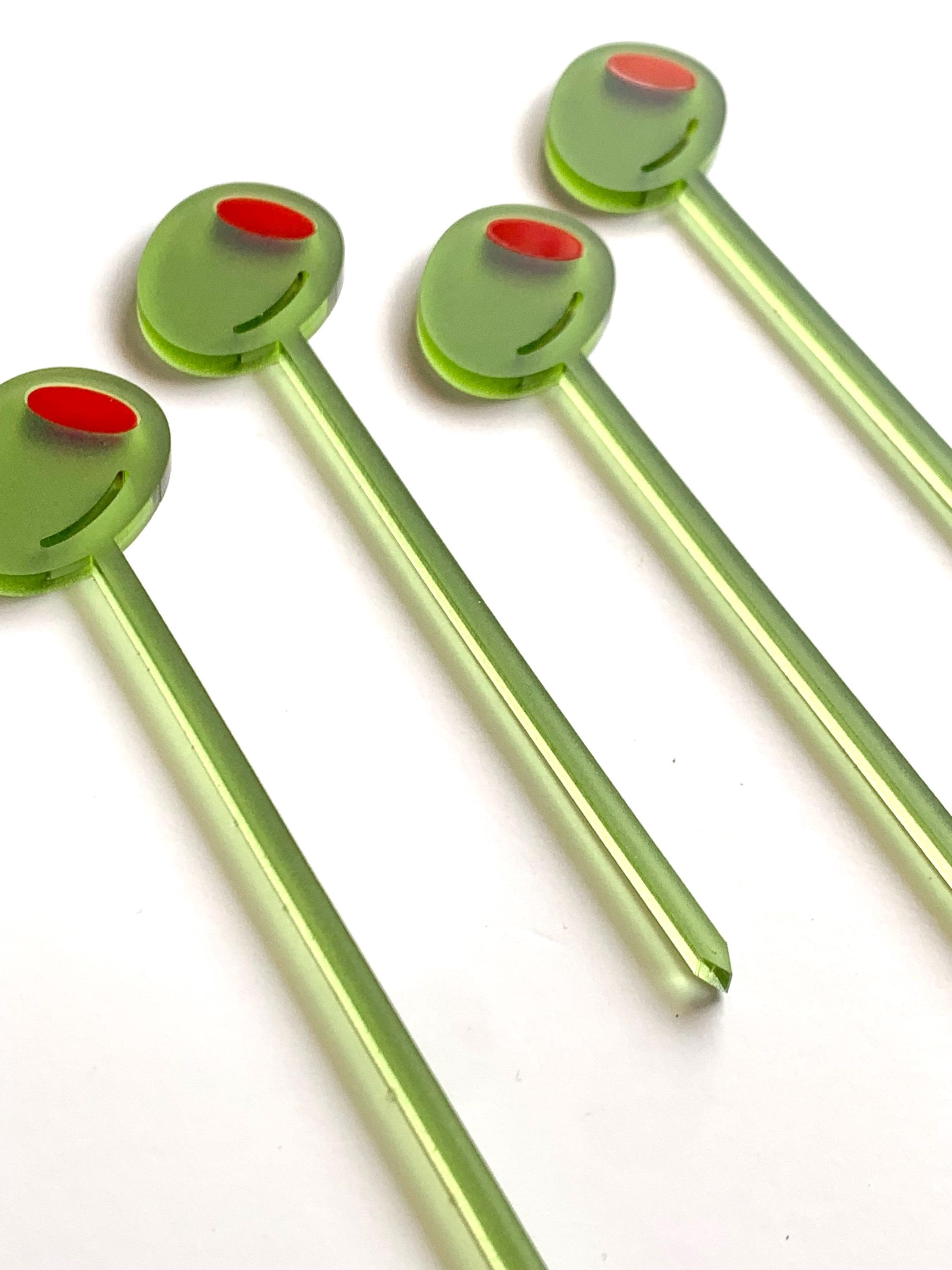 Olive Acrylic Pick Set – Set of 4 Frosted Green Martini & Charcuterie Picks | Garnish Sticks | Cocktail Party Bar Cart Decor