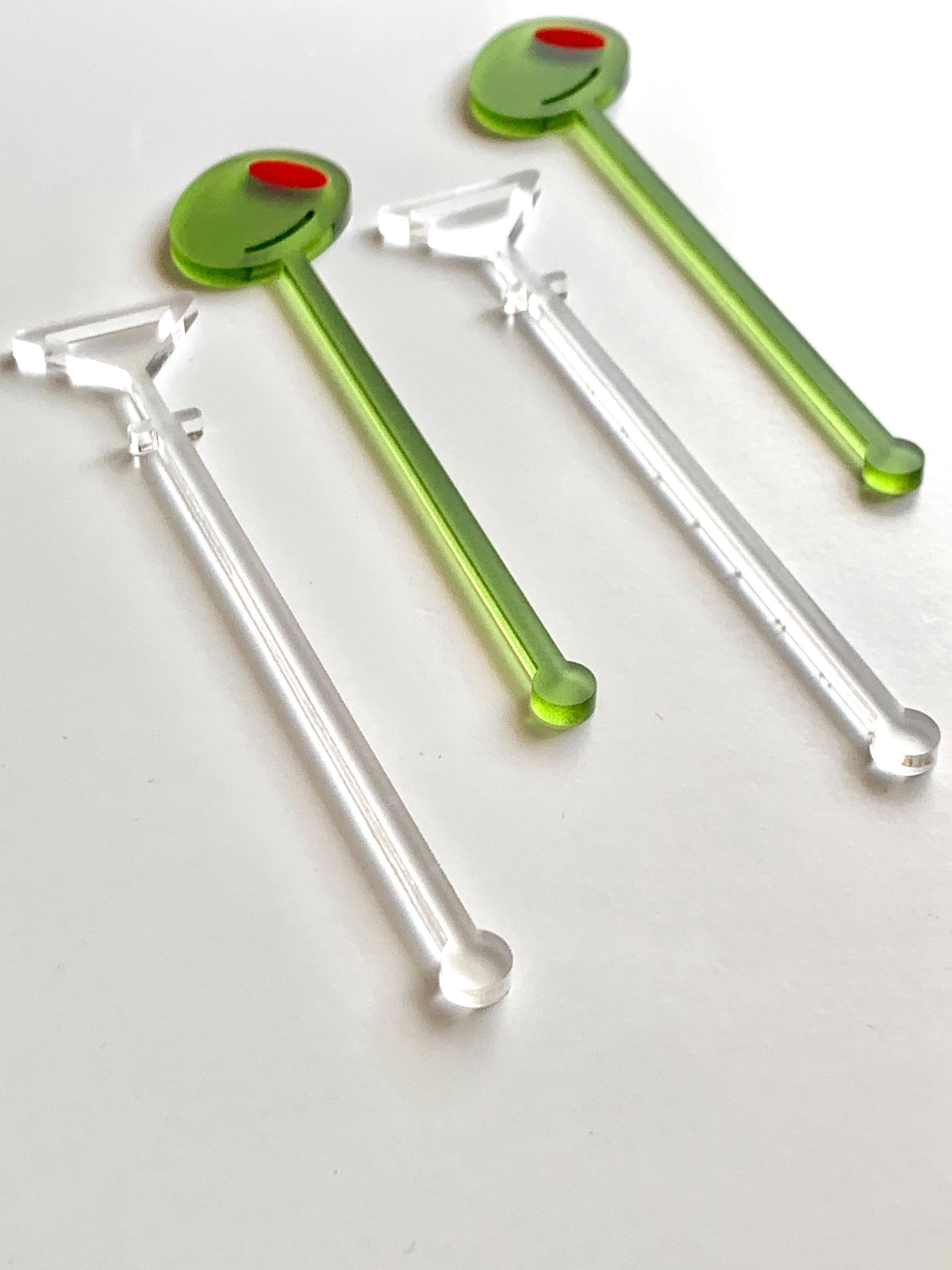 Martini Acrylic Stir Stick Set – Frosted Cocktail Drink Stirrers | Set of 4 | Bar Cart Accessories | Olive + Martini Glass | Party Decor