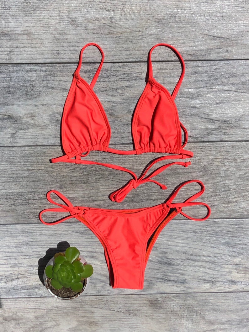 Neon Orange Brazilian Bikini Set Swimsuit String | Etsy