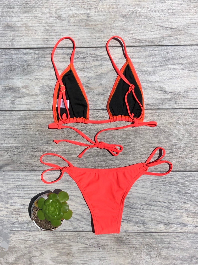 Neon Orange Brazilian Bikini Set Swimsuit String Etsy