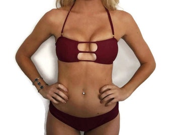Brazilian Bikini Set Swimsuit "Maverick" Maroon Strappy Bathing Suit Set Swimwear top bottom Pepper Blackwood cheeky cute