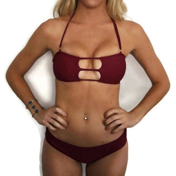 Brazilian Bikini Set Swimsuit "Maverick" Maroon Strappy Bathing Suit Set Swimwear top bottom Pepper Blackwood cheeky cute