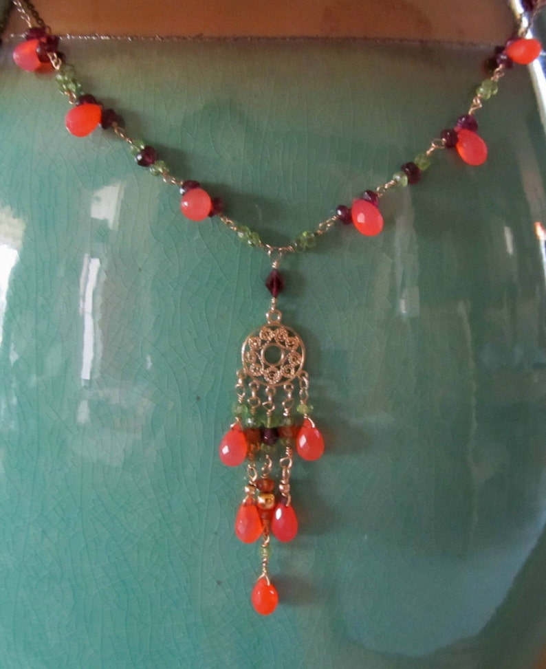 wife jewelry idea Orange chalcedony necklace girl friend jewelry boho jewelry wife multicolor necklace multi gemstone cascade necklace
