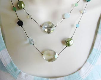 Convertible necklace, 40 inch long beaded necklace, hand knotted necklace, boho jewelry wife, green glass pearl necklace, quartz necklace
