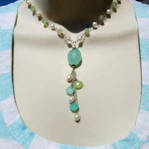 Aqua chalcedony necklace, pearl necklace, wife jewelry idea, boho jewelry wife, cascade necklace, sterling sliver multi gemstone necklace
