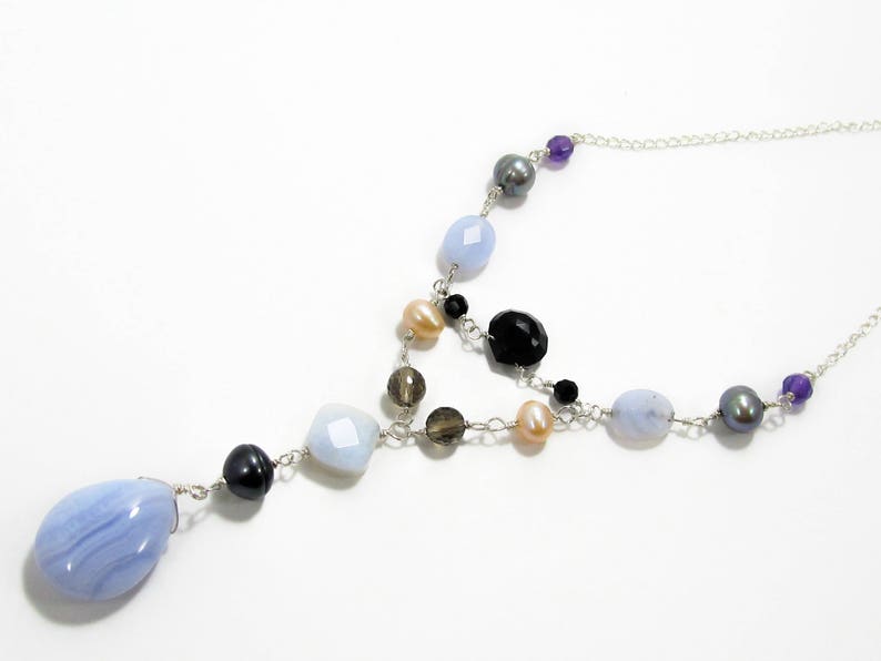 multicolor necklace pearl multi gemstone necklace w lavender chalcedony Blue lace agate necklace wife jewelry idea onyx /& amethyst