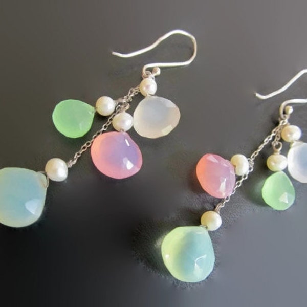 Chalcedony earrings, wife jewelry idea, boho jewelry wife, sterling silver gemstone cascade earrings, cluster earrings, colorful earrings