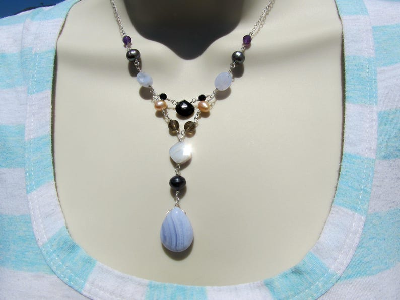 multicolor necklace pearl multi gemstone necklace w lavender chalcedony Blue lace agate necklace wife jewelry idea onyx /& amethyst