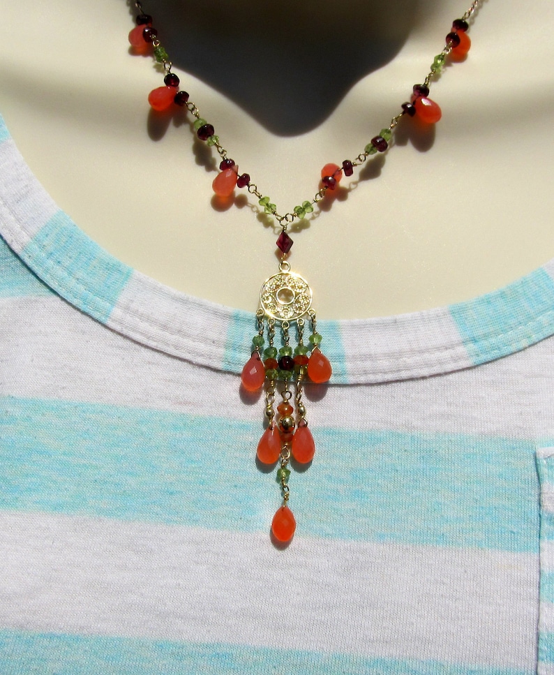wife jewelry idea Orange chalcedony necklace girl friend jewelry boho jewelry wife multicolor necklace multi gemstone cascade necklace