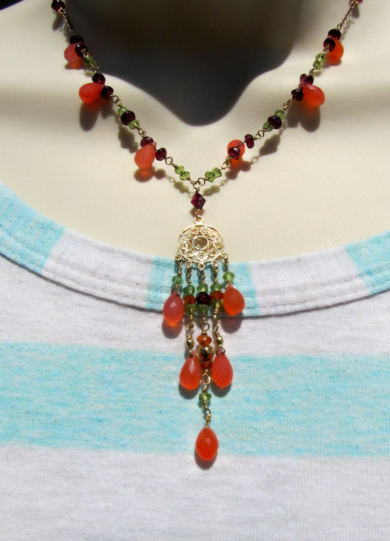 wife jewelry idea Orange chalcedony necklace girl friend jewelry boho jewelry wife multicolor necklace multi gemstone cascade necklace