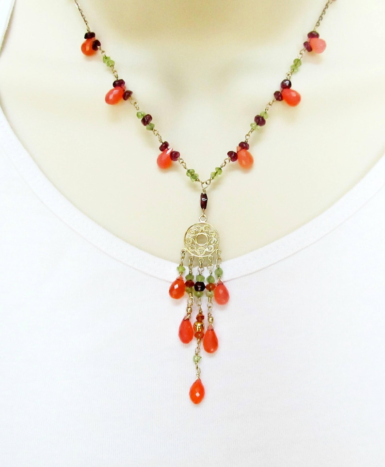 wife jewelry idea Orange chalcedony necklace girl friend jewelry boho jewelry wife multicolor necklace multi gemstone cascade necklace
