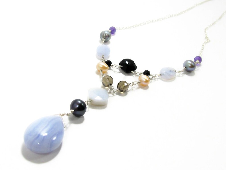 multicolor necklace pearl multi gemstone necklace w lavender chalcedony Blue lace agate necklace wife jewelry idea onyx /& amethyst