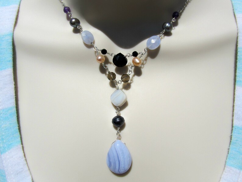 multicolor necklace pearl multi gemstone necklace w lavender chalcedony Blue lace agate necklace wife jewelry idea onyx /& amethyst