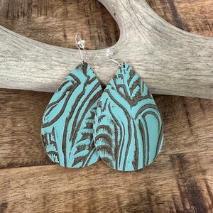 Light blue embossed leather earrings