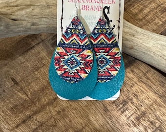 Blue and Aztec leather earrings