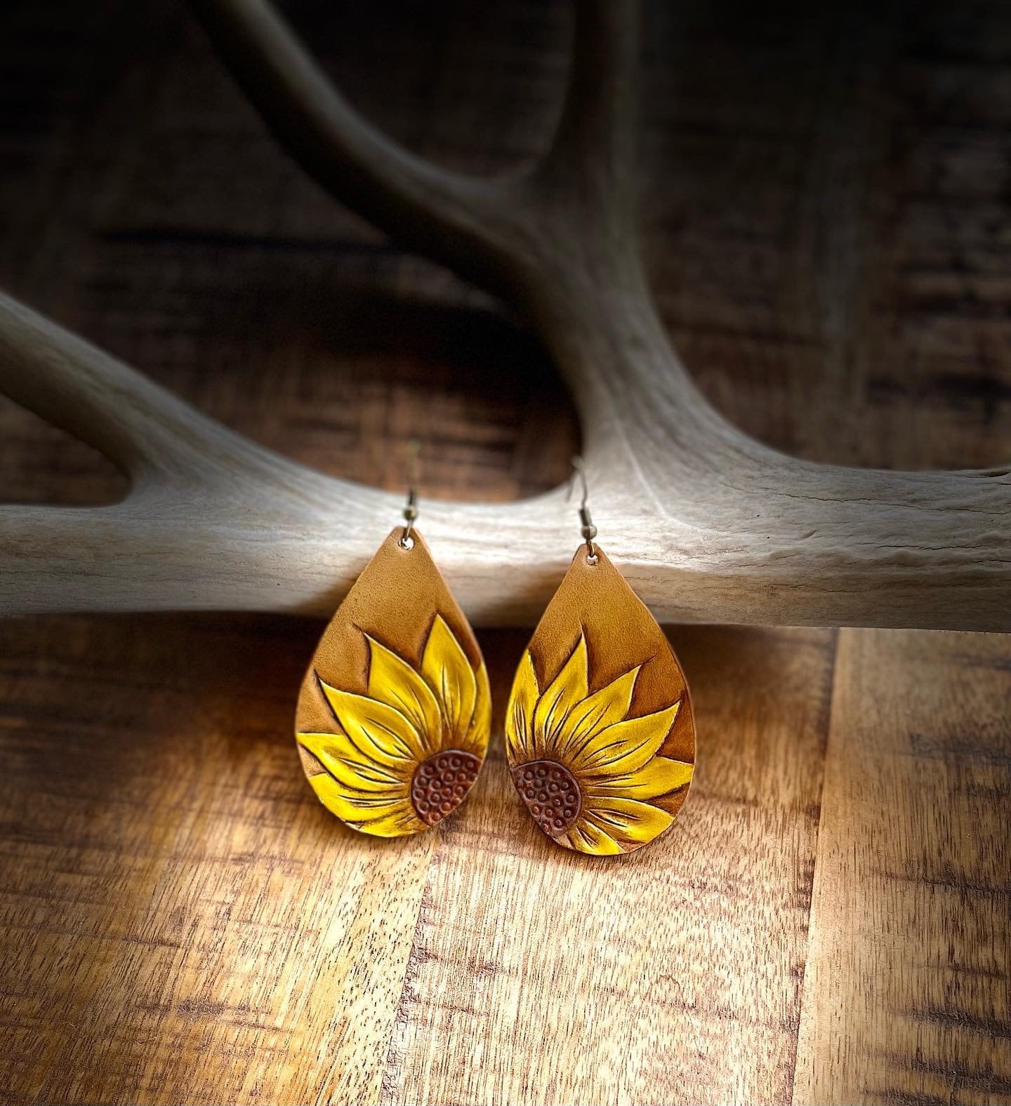 Sunflower Tooled Leather Earrings Etsy