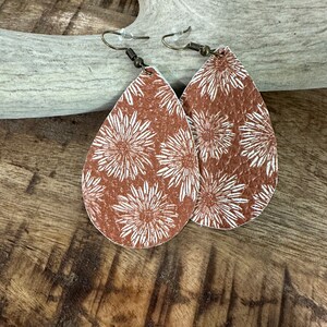 Burnt Orange floral print leather earrings