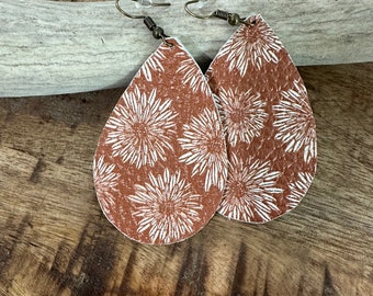 Burnt Orange floral print leather earrings