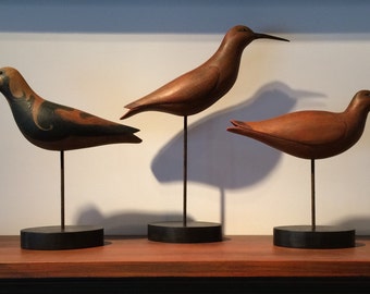 Set of three folk art shorebird decoys by K. William Kautz