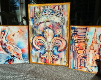 Fleur De Lis, Set of Three Mini Canves, Wall Art, Impressionistic Art, New Orleans, two 4 x 4 inch canvas, And one 4 x 6 inch canvas