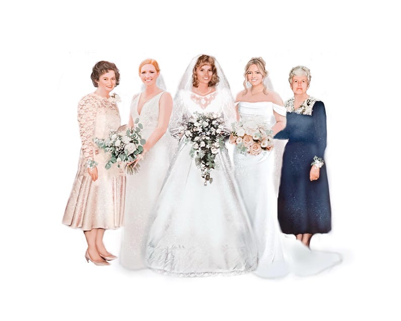 K&ouml;nnte beinhalten: Illustration von f&uuml;nf Frauen in Hochzeitskleidung. Die Frauen tragen verschiedene Stile von Brautkleidern und -kleidern. Jede Frau h&auml;lt einen Blumenstrau&szlig;. Die Kleider sind wei&szlig;, elfenbeinfarben und marineblau. Der Hintergrund ist wei&szlig;.
