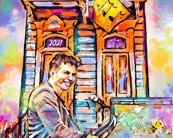 May include: A colorful watercolor painting of a man playing a piano in front of a house with the words "Laissez Les Festival Roulen" and "2021" on it.