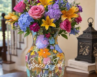 Large Custom Hand-Painted Blue Floral Glass Vase | Custom Couples Wedding Gift (8.5 x 5")