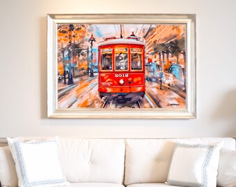 Red New Orleans Streetcar Print on Canal Street, Vintage New Orleans Paper Print 20 x 30