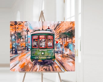 Customized 16 x 20 inch Vintage Streetcar Art, New Orleans Secondline, French quarter 16 x 20 inch print, print on paper, one inch border