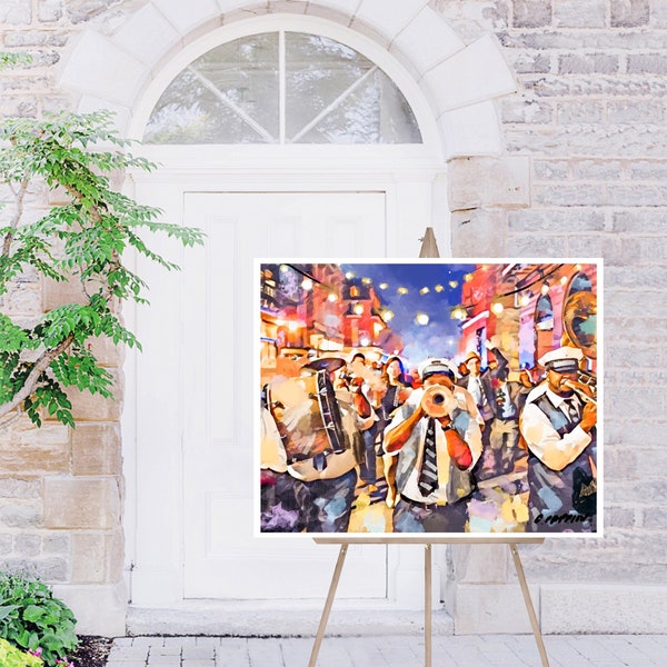 Blue Jazz Art, New Orleans Secondline, French quarter 16 x 20 inch print, print on paper, one inch border
