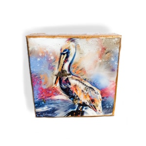 Pelican New Orleans Art - 4 x 4 inch canvas prints- resin and gold flakes