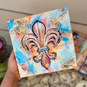 New Orleans Teal Abstract Gold Flakes Fleur De Lis Art 6 x 6 inch Glicee in Canvas, gold sides and gold flakes and resin