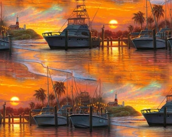 Coastal Scenic Boats Lighthouse Sunset Digital David Textiles 100% cotton fabric by the yard  (DA188)