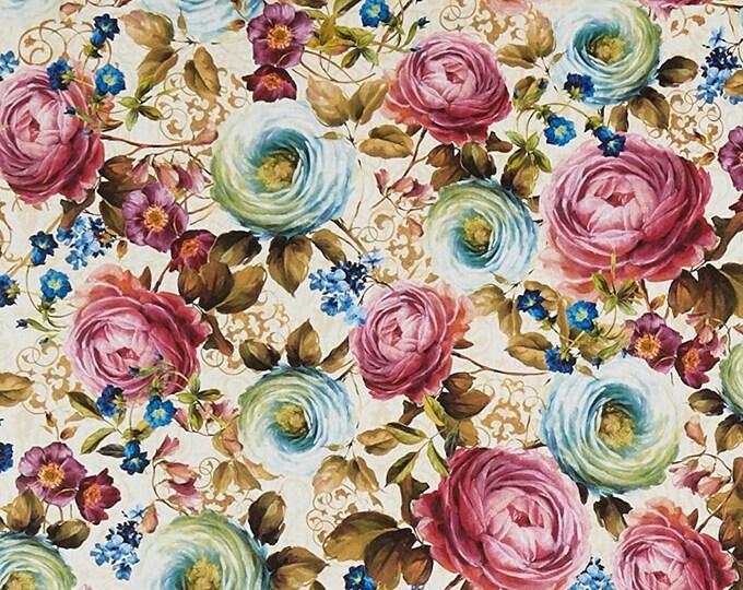 Tan Multi Victoria's Dream 2 Digitally Printed Floral David Textiles 100% cotton fabric by the yard  (DA181)