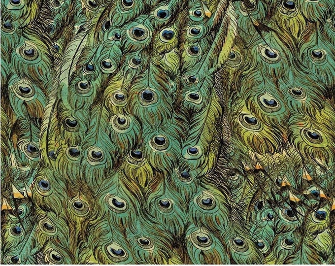 Beautiful Peacock Green Feathers Premium David Textiles 100% cotton fabric by the yard  (DA45)