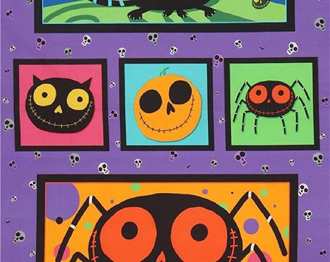 Quilting Treasures Creepy halloweenies Spiders, cat and pumpkin Panel 24" Premium Quality 100% Cotton Fabric by the Panel  (QT1133KK)