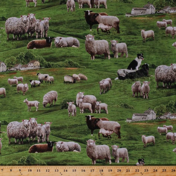 Farm Animals Sheep Herd Collies Dogs Field Pasture  Elizabeth's Studio Premium quality Cotton fabric by the Yard (ES152)