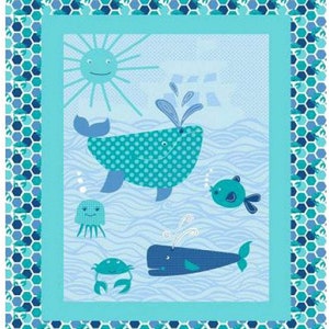 May include: A blue and green fabric with a whimsical ocean scene. The fabric features a whale, a crab, a jellyfish, a fish, and a sun. The fabric is perfect for quilting, sewing, and crafting.