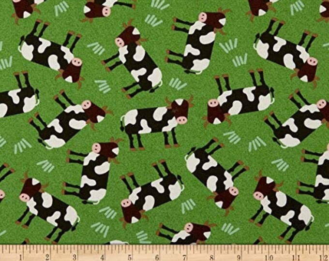 Timeless Treasures Farm Fun Tossed Cows Green Fabric by the Yard (TT1035)
