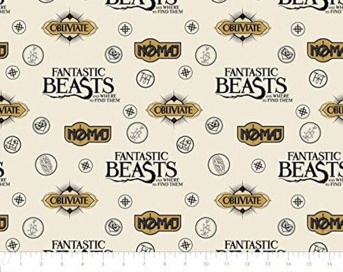 Harry Potter Fantastic Beasts Sayings and Symbols in Cream Flannel Camelot 100% Cotton fabric by the yard  (CA1131)