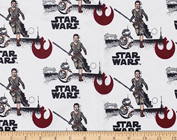 Star Wars The Force Awakens Rey & BB8 White Flannel Camelot 100% Cotton fabric by the yard  (CA979)