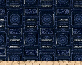 Harry Potter Newsprint & Symbols Navy Blue Camelot 100% Cotton fabric by the yard  (CA1104)