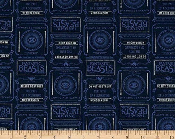 Harry Potter Newsprint & Symbols Navy Blue Camelot 100% Cotton fabric by the yard  (CA1104)